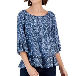 Style & Co. Petite Small Blue Floral Printed On-Off Top with 3/4 Sleeves NWT